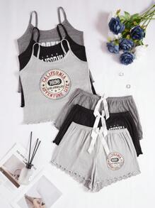 3pcs Women Fashion Slogan Print Camisole & Bow Tie Waist Shorts Set Bow Tie