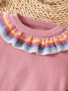 Baby Girls Sweater & Skirt 2-Piece Set - Long Sleeve Pink Sweater & Rainbow Striped Knit Skirt, Elegant & Cozy Outfit For Autumn/Winter - Multicolor - View 4