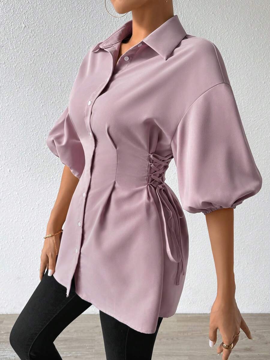 Mulvari 實心束繩側扣前衬衫 - 粉色 - 查看 1