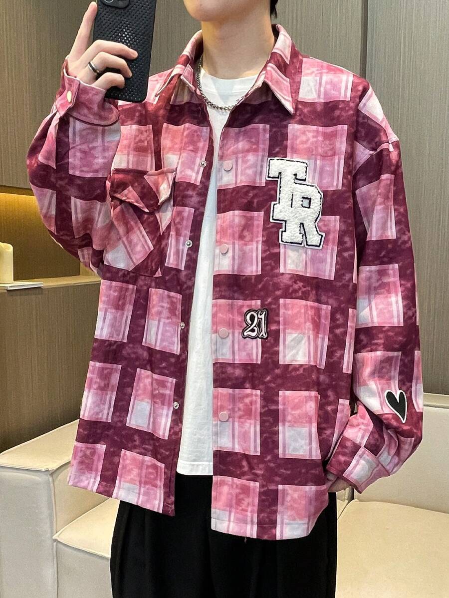 Claim Dot Chaqueta de hombre informal de primavera y otoño con parche de letra a cuadros - Multicolor - Ver 1