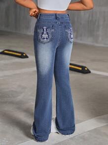 SHEIN Tween Girls Y2K Floral Embroidery Bootcut Flare Leg Jeans,Girls Summer Clothes Back To School Streetwear Outfits
