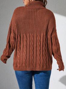 Plus Size Solid Color Casual Turtleneck Long Sleeve Fall Sweater, For Winter Knit Pullover - Redwood - View 2