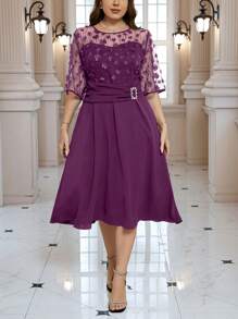 SHEIN Clasi 大码网眼拼接宴会时尚连衣裙 - 紫色 - 查看 6