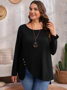 EMERY ROSE 大码黑色圆领长袖纯色简约按扣宽松舒适秋装 T 恤 - 黑色 - 查看 6