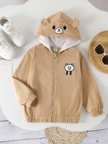 SHEIN Toddler Girls Adorable Corduroy Teddy Bear Embroidered Hooded Zip-Up Jacket - Khaki - View 1
