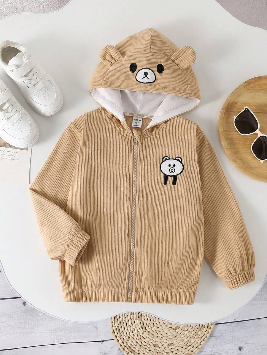 SHEIN Toddler Girls Adorable Corduroy Teddy Bear Embroidered Hooded Zip-Up Jacket - Khaki - View 1