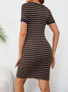 SHEIN 孕妇条纹圆领短袖修身休闲连衣裙，夏季