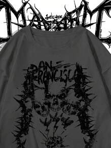 Manfinity Dauomo Men's Casual Skull & Letter Print Colorblock Long Sleeve Mock Layer T-Shirt, Spring Autumn, Fall