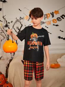 SHEIN Tween Boy Halloween Pumpkin Cartoon Print Short Sleeve Shorts Loose Casual Pajama Set, Daddy And Me Matching Outfits (3 Sets Sold Separately) - Black - View 3