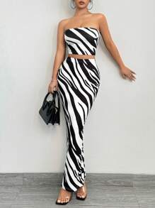 SHEIN SXY 2pcs Women Summer Fashionable Zebra Print Tube Top And Bodycon Skirt Set