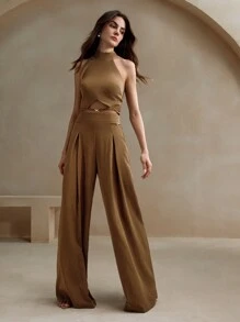 Anewsta 2 piezas Conjunto de top sin mangas con decoración de cadena de estilo minimalista y pantalones de pierna ancha para mujer