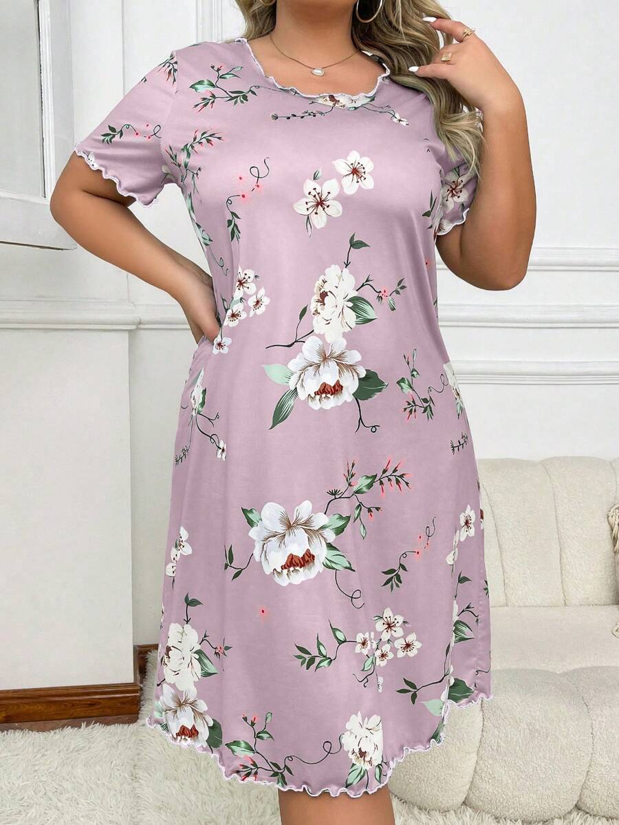 SHEIN Plus Size Round Neck Floral Print Loose Casual Elegant Short Sleeve Sleep Dress, Moo Moo Night Dress - Pink - View 1