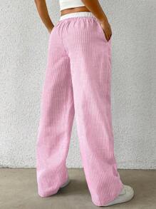 SHEIN EZwear 情人节大码女式腰带撞色条纹梭织裤 - 粉色 - 查看 2