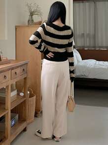 DAZY 女士 V 领长袖条纹设计可爱宽松温柔柔软毛衣、长袖上衣秋冬 - 黑色 - 查看 4