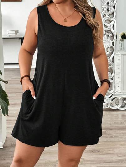 SHEIN LUNE Plus Size Women's Summer Solid Crew Neck Pocketed Casual Romper