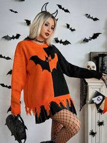 Chiquease Women's Colorblock Bat Wing Pattern Crew Neck Long Sleeve Knitted Sweater, Fall Winter - Multicolor - View 5