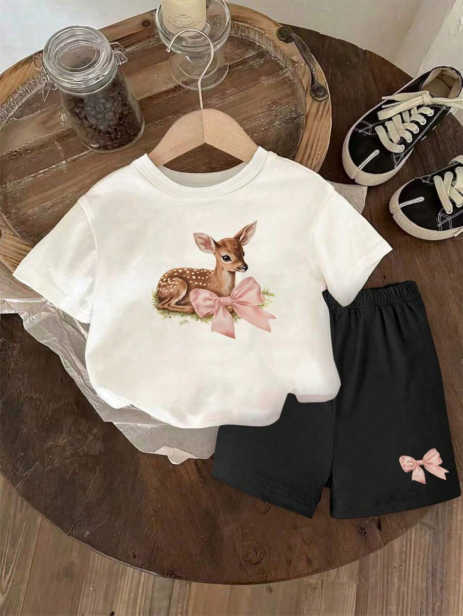 SHEIN 2 件套女婴休闲日常运动图案印花服装套装，春夏 - 彩色 - 查看 1