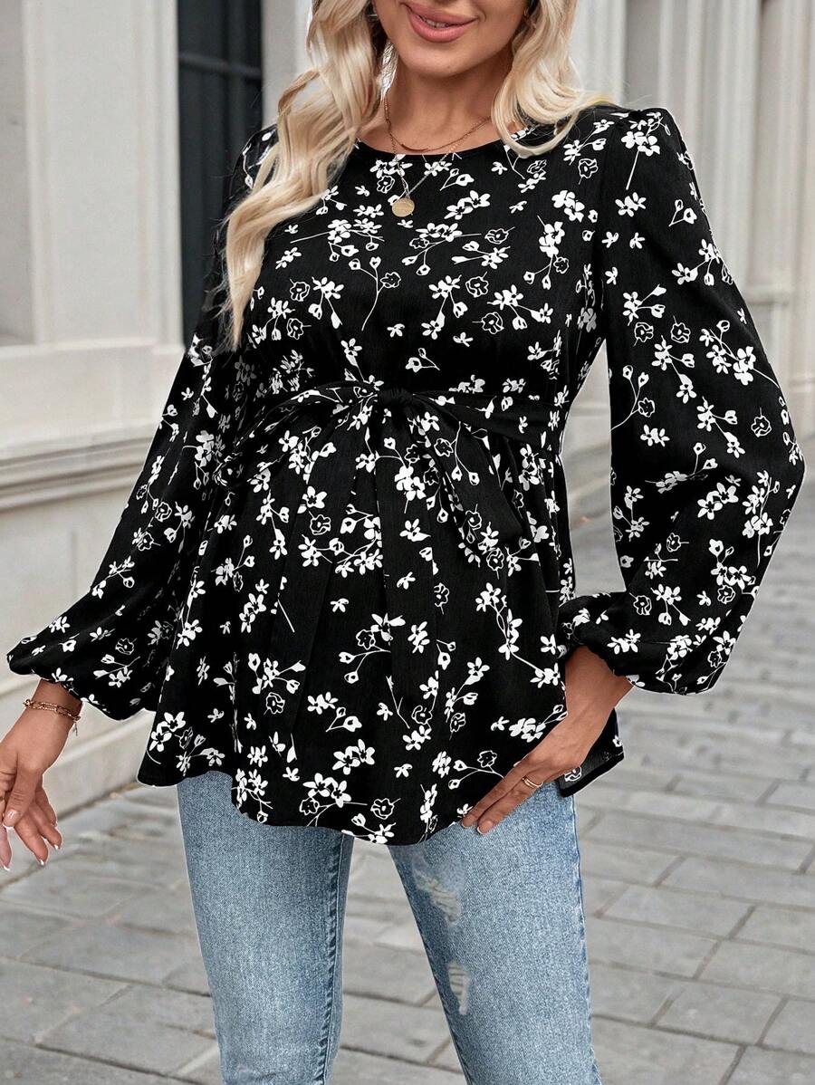 SHEIN 孕妇休闲圆领灯笼袖衬衫 - 黑色 - 查看 1