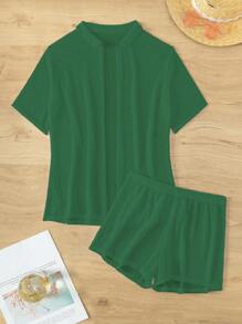 SHEIN Swim 女士夏季海灘純色下擺折疊短袖襯衫和短褲套裝(2件) - 綠色 - 查看 4