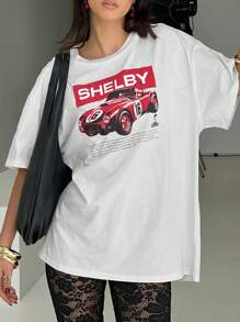 INAWLY Camiseta de manga corta holgada de verano con estampado de eslogan y coche para mujer
