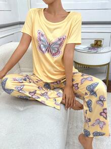 Butterfly Printed Short Sleeve Pajama Set - Yellow - View 5