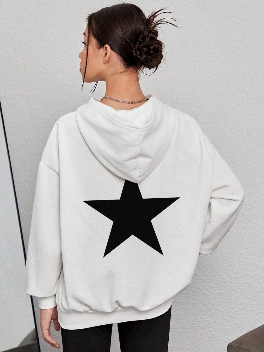 少女连帽五角星印花长袖时尚宽松流行运动衫