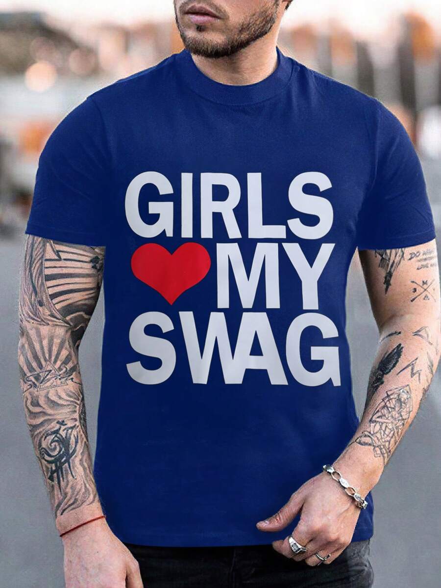 Manfinity Roughcore Camiseta casual de manga corta con cuello redondo, estampado de corazón con eslogan, para hombre en verano - Azul - Ver 1