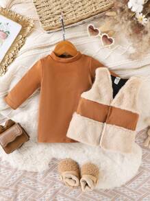 Toddler Girls Elegant Retro Furry Vest Jacket + Dress 2pcs Set, Autumn/Winter