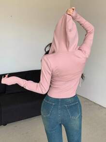 DAZY 女士纯色修身长袖连帽拉链休闲厚针织开衫，秋冬夹克 - 粉色 - 查看 2
