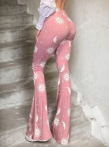 Ladies' Flared Pants With Sun And Moon Print