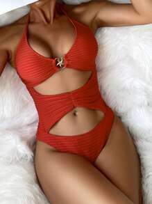 SHEIN Swim Cut Out Solid Halter One Piece Swimsuit For Summer - Red - View 7