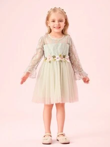 年轻女孩优雅圆领蕾丝透明长袖腰花朵设计网眼泡泡纱长袍公主裙 - 綠色 - 查看 1