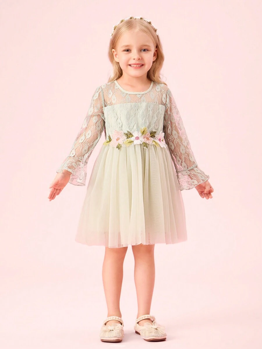 年轻女孩优雅圆领蕾丝透明长袖腰花朵设计网眼泡泡纱长袍公主裙 - 綠色 - 查看 1