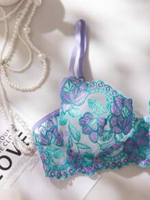 Fantasy Elegant Multicolor Floral Embroidery Sheer Bra And Panty Set - Multicolor - View 6