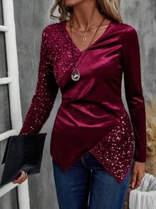 EMERY ROSE Women's Solid Color V-Neck Sequin Patchwork Long Sleeve Shirt