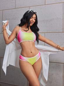 SHEIN Sovereign Charm Conjunto deportivo de top sin espalda con tirantes finos y pantalones cortos teñidos anudados para mujeres - Rosa - Ver 1