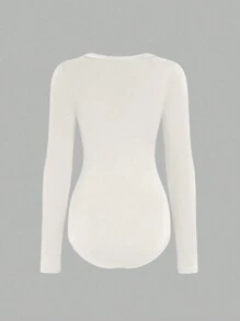 INAWLY 女士春夏纯色 V 领长袖修身紧身衣 - 白色 - 查看 2