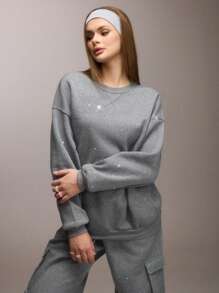 SHEIN SXY Quần áo mùa thu cho phụ nữ Áo nỉ dài tay rộng rãi đính đá Rhinestone cho ngày thường trở lại trường Áo nỉ ngoại cỡ mùa thu và đông Quần áo mùa thu cho phụ nữ - Xám - Xem 7
