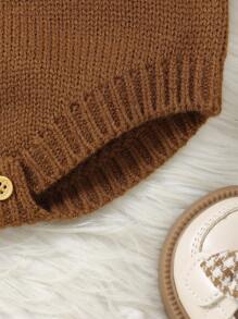 SHEIN 时尚舒适的棕色女婴针织连体衣，彼得潘领设计，长袖保暖优雅刺绣连体衣 - 棕色 - 查看 4