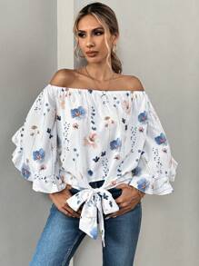 SHEIN LUNE Women's Resort Floral Print Long Sleeve Off Shoulder Shirt