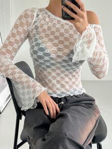 DAZY Cropped Sheer Textured Blouse For Women,Beach Outfits Long Sleeve Women Tops