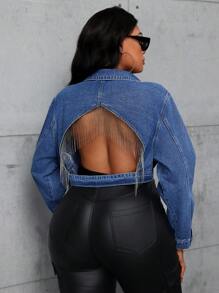 SHEIN SXY Plus Size Sexy Fringed Rhinestone Chain Backless Cropped Denim Jacket