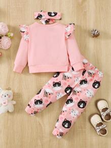 Baby Girl Outfit Round Neck Long Sleeve Ruffle Blouse And Straight Casual Pants