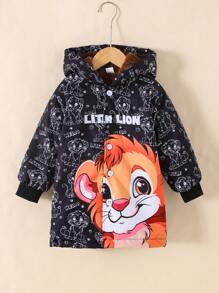 Abrigo con capucha estampado de león lindo para niño pequeño, chaqueta con capucha forrada térmicamente gruesa para un uso cálido y cómodo, diseño de ropa de calle con estilo apto para otoño, invierno, Halloween, Navidad y Acción de Gracias