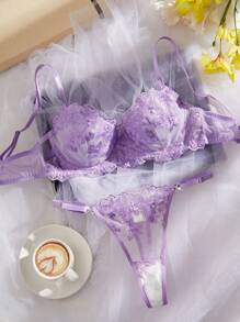 Crystal Vow 2pcs/Set Blue Vintage Style Sexy Lingerie Set For Women - Purple - View 3