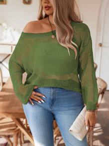 SHEIN Clasi Plus Size Casual Solid Color Hollow-Out Knit Sweater Knit Pullover Fall Winter Outfit - Army Green - View 3