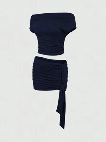 INAWLY 2pcs Women's Solid Color Minimalist Style Short Sleeve Top And Skirt Set, Summer , 2 Pieces Set Navy Blue - Navy Blue - View 4