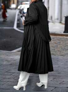 Flirla Plus Size Vintage Lace-Up Ruched Trench Coat - Black - View 2