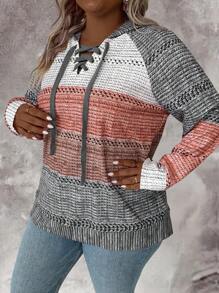 SHEIN PETITE CURVE Sudadera con capucha suave y de color block con cordones en las mangas largas, para uso casual diario en tallas grandes