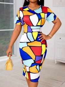 SHEIN Lady Vestidos de talla grande de manga corta, cuello redondo, lápiz y midi de punto de colores, casuales de primavera y verano